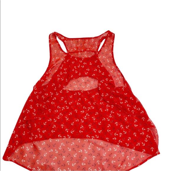 Vintage Havana Red White & Blue Sheer Anchor Print Ruffle Cut Out Back Top, M* - Picture 4 of 10